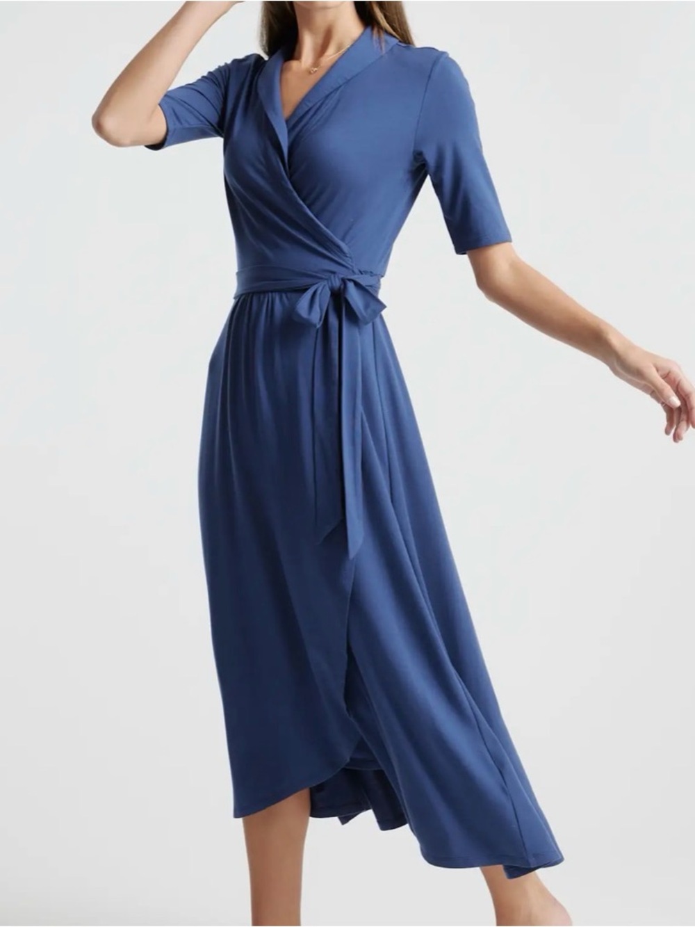 NWT QUINCE TENCEL JERSEY MIDI WRAP DRESS Sz XS NAVY Stretch Capsule Minimalist